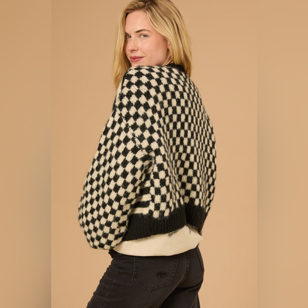 Altar’d State Claudia Checkered Cardigan Sweater Black & Cream Balloon Sleeve - Picture 4 of 13